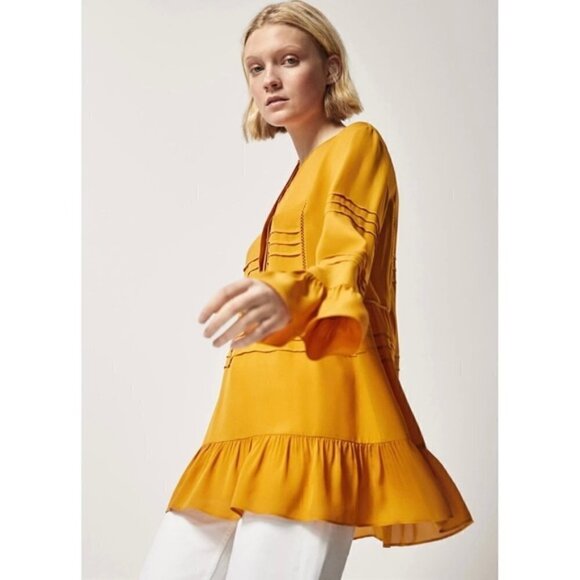 𝅺MASSIMO Dutti | Nwt Mustard Yellow Ruffle Blouse Size 8 - Picture 2 of 11